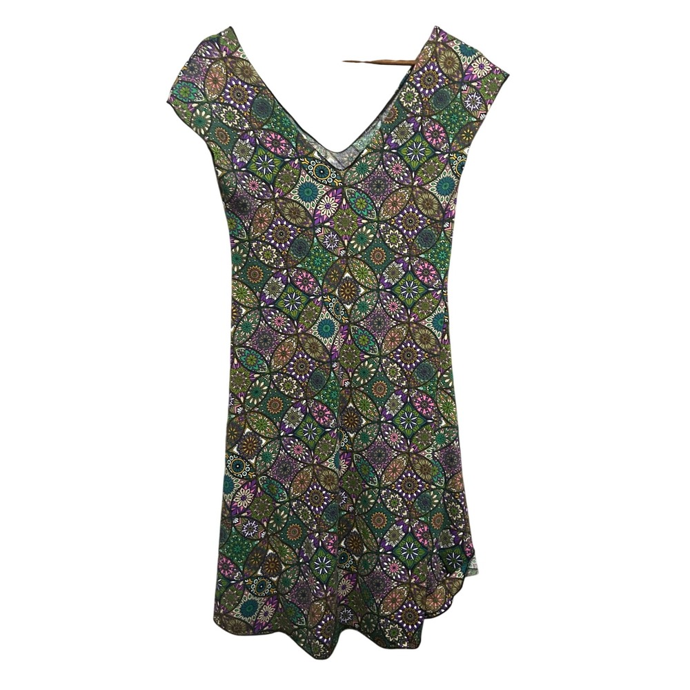 Malisun Mandala Print Dress Women OS Green Purple Excellent V-Neck Boho Knit